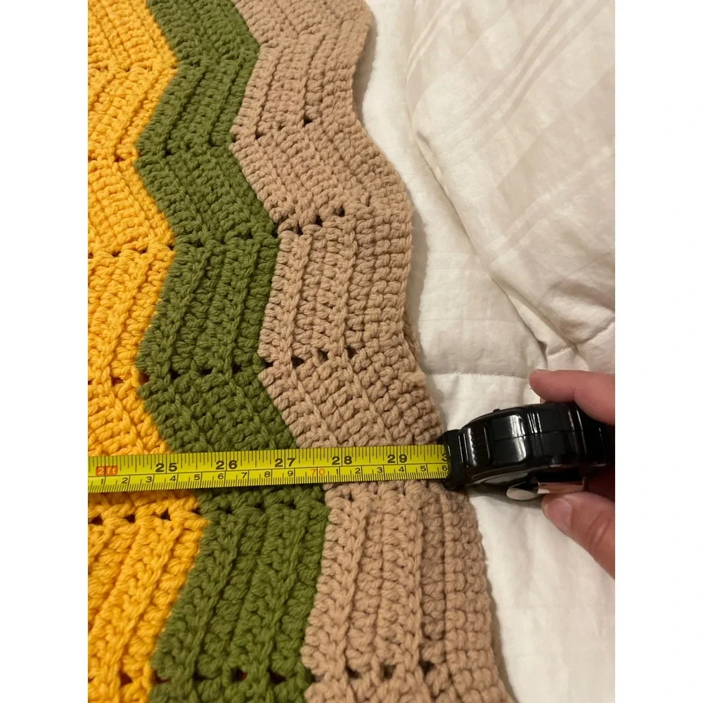 Vintage Handmade Crochet Chevron Afghan Blanket Zig Zag Orange Yellow Green Tan